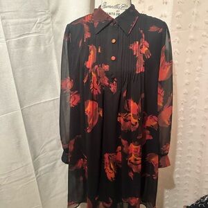 Nine West Black and Red Floral Long Sleeve Dress